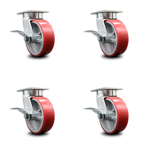 6 Inch Kingpinless Red Poly on Steel Wheel Swivel Caster Set with Brakes SCC